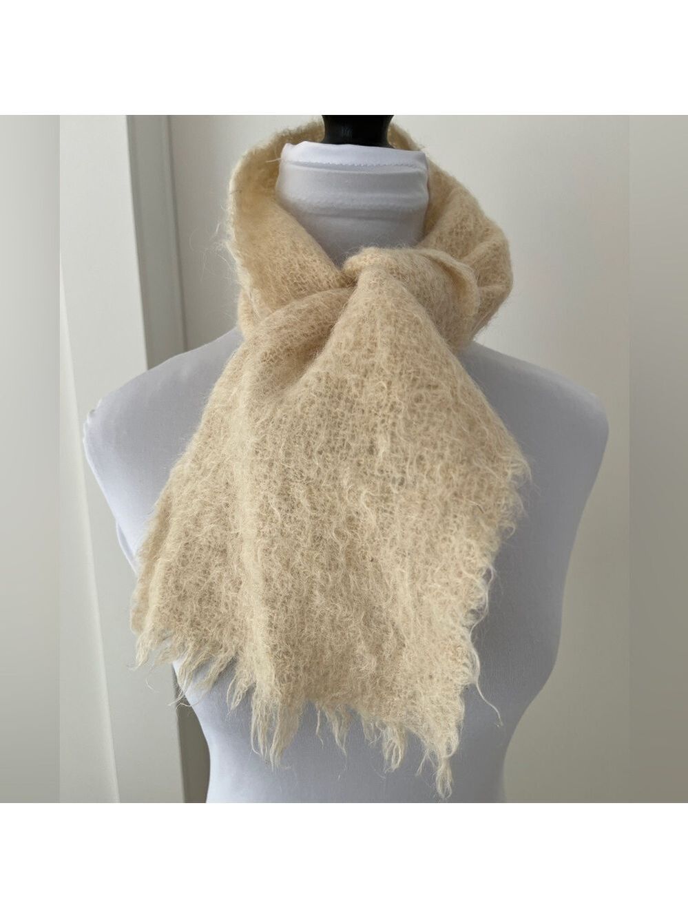 VINTAGE Glentana Scotland Cream Mohair Blend Winter Short Scarf Fuzzy Neutral